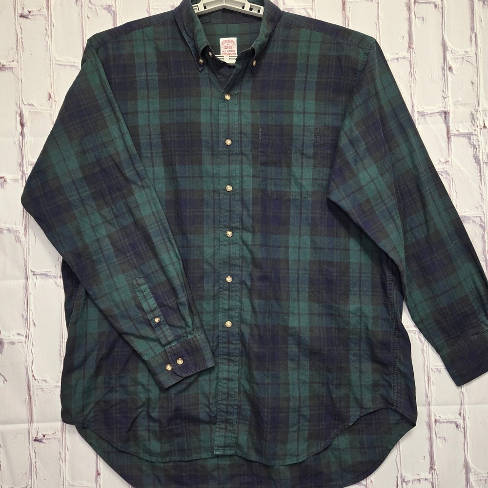 Vintage 90s Brooks Brothers Men XL Plaid All Cotton Button Down Shirt Green Navy